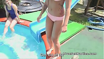 Outdoor pool orgy with bikini-clad women